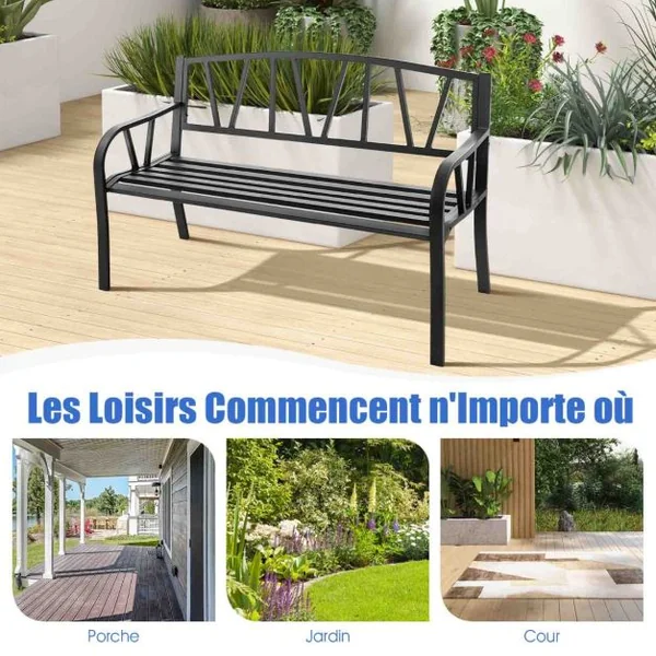 Banc de Jardin Extérieur 2-3 Places Charge 300KG avec Cadre en Métal Antirouille pour Cour Balcon Terrasse 128x57x86cm Noir