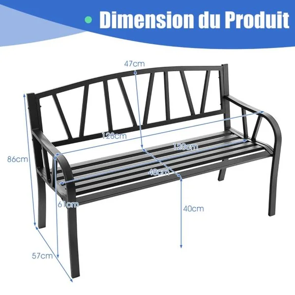 Banc de Jardin Extérieur 2-3 Places Charge 300KG avec Cadre en Métal Antirouille pour Cour Balcon Terrasse 128x57x86cm Noir