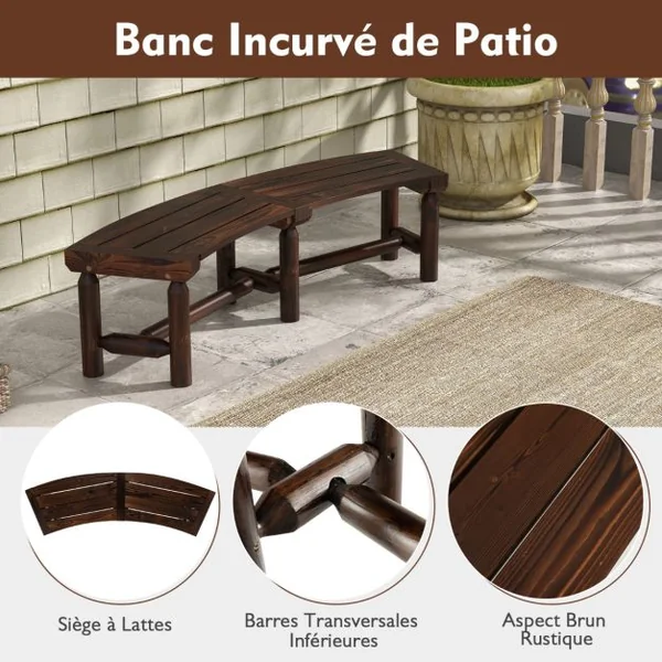 Banc de Jardin Incurvé 2 Places Siège à Lattes Charge 325 KG Banquette d'Extérieur en Bois Carbonisé 139x36x4CM