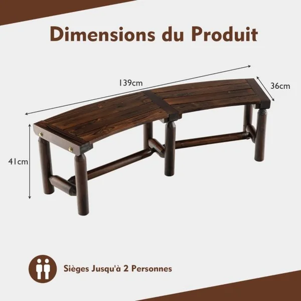 Banc de Jardin Incurvé 2 Places Siège à Lattes Charge 325 KG Banquette d'Extérieur en Bois Carbonisé 139x36x4CM