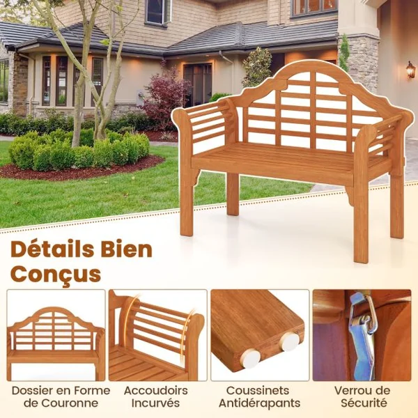Banc de Jardin Pliable en Bois d'Acacia 2 Places 123x54x96CM Banquette de Jardin Extérieure pour Terrasse Cour Balcon