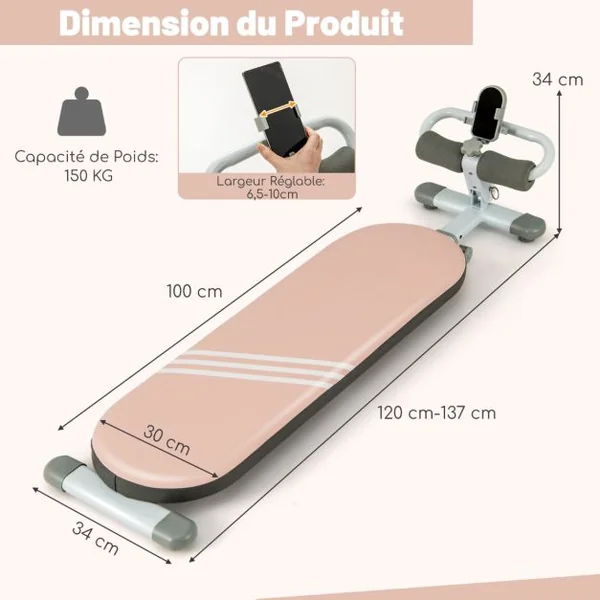 Banc de Musculation Multifonction avec 3 Angles et Longueur Réglable Banc de Redressement Assis Pliable pour 14 à 18 Ans Charge 150KG Rose/Bleu