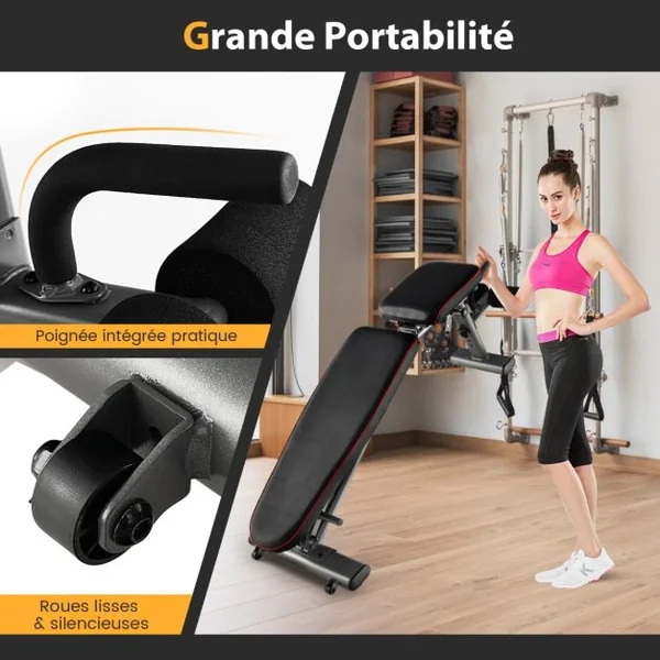 Banc de Musculation Réglable Banc de Fitness Robuste 300 k, 2 roues de Transport Banc d'Entraînement Complet du Corps Noir