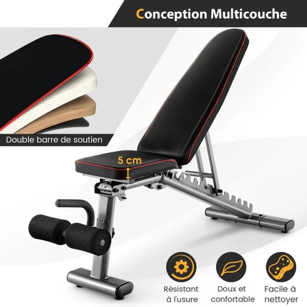 Banc de Musculation Réglable Banc de Fitness Robuste 300 k, 2 roues de Transport Banc d'Entraînement Complet du Corps Noir