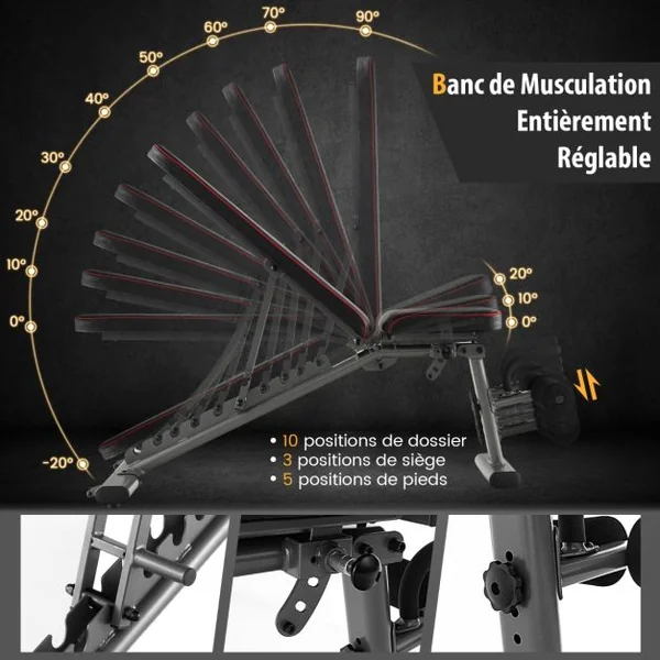 Banc de Musculation Réglable Banc de Fitness Robuste 300 k, 2 roues de Transport Banc d'Entraînement Complet du Corps Noir