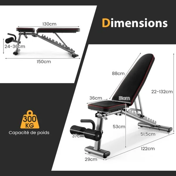 Banc de Musculation Réglable Banc de Fitness Robuste 300 k, 2 roues de Transport Banc d'Entraînement Complet du Corps Noir