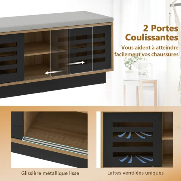 Banc de Rangement avec Étagère à Chaussures avec Siège Étagère Réglable Porte Coulissante Café/Gris