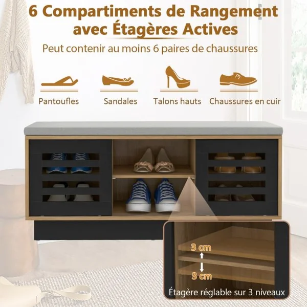 Banc de Rangement avec Étagère à Chaussures avec Siège Étagère Réglable Porte Coulissante Café/Gris
