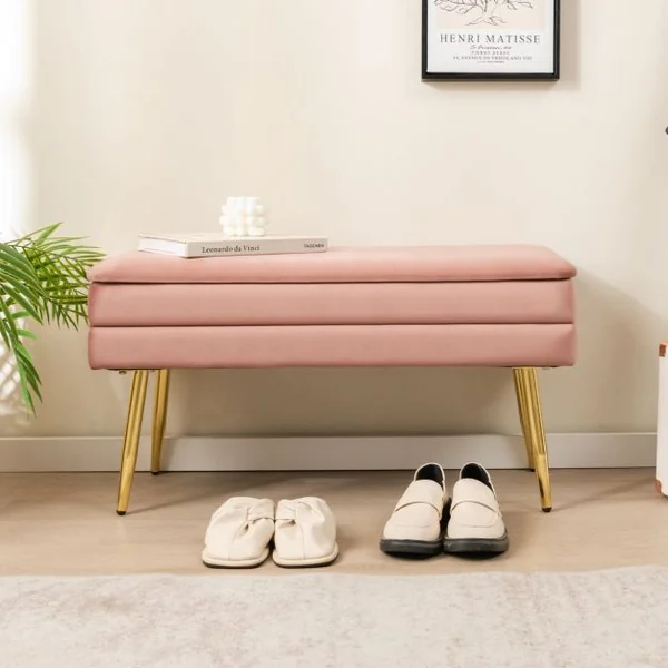 Banc de Rangement en Velours 78 x 36 x 42 CM Capacité 150 KG Cadre en Métal Doré Style Moderne Rose