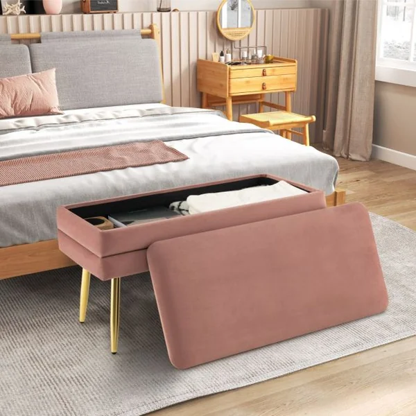 Banc de Rangement en Velours 78 x 36 x 42 CM Capacité 150 KG Cadre en Métal Doré Style Moderne Rose