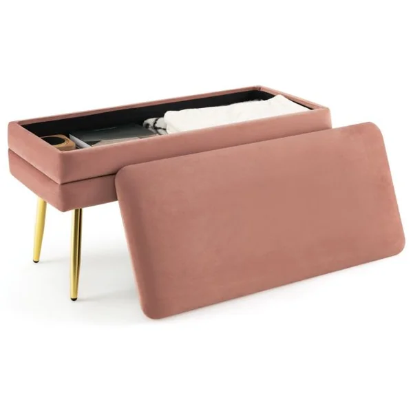 Banc de Rangement en Velours 78 x 36 x 42 CM Capacité 150 KG Cadre en Métal Doré Style Moderne Rose