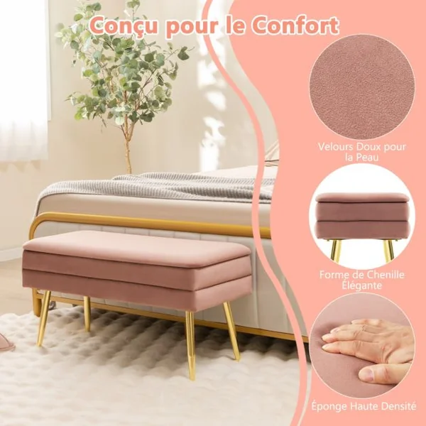 Banc de Rangement en Velours 78 x 36 x 42 CM Capacité 150 KG Cadre en Métal Doré Style Moderne Rose