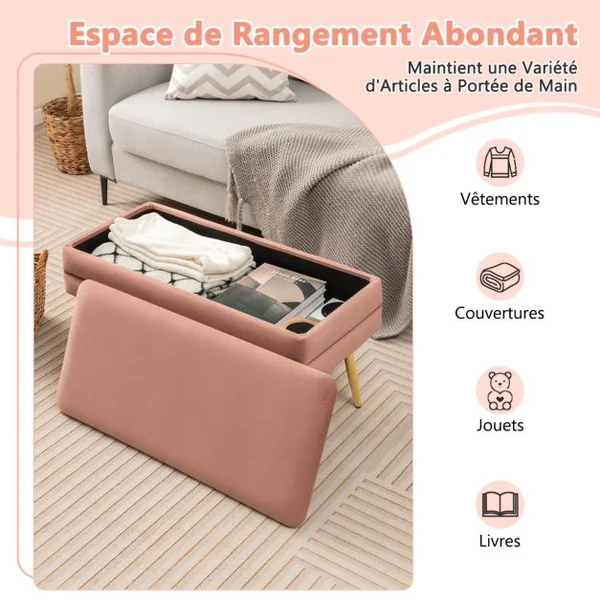 Banc de Rangement en Velours 78 x 36 x 42 CM Capacité 150 KG Cadre en Métal Doré Style Moderne Rose