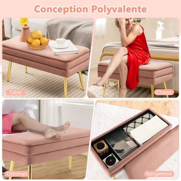 Banc de Rangement en Velours 78 x 36 x 42 CM Capacité 150 KG Cadre en Métal Doré Style Moderne Rose