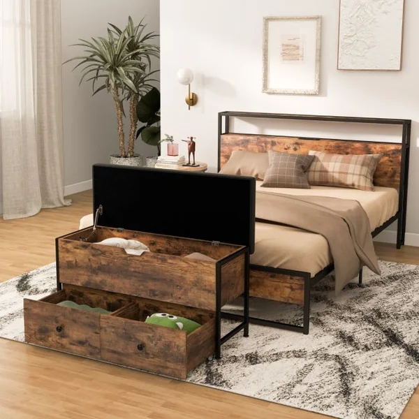 Banc de Rangement Ottoman Coussin Rembourré Coffre de Rangement Rabattable 2 Tiroirs en Bois Charnière de Sécurité Supporte 150 kg Marron