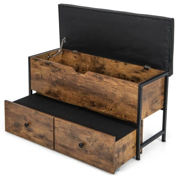 Banc de Rangement Ottoman Coussin Rembourré Coffre de Rangement Rabattable 2 Tiroirs en Bois Charnière de Sécurité Supporte 150 kg Marron