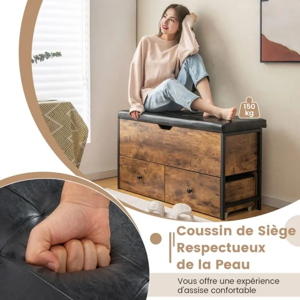 Banc de Rangement Ottoman Coussin Rembourré Coffre de Rangement Rabattable 2 Tiroirs en Bois Charnière de Sécurité Supporte 150 kg Marron