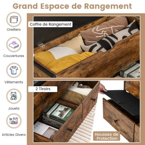 Banc de Rangement Ottoman Coussin Rembourré Coffre de Rangement Rabattable 2 Tiroirs en Bois Charnière de Sécurité Supporte 150 kg Marron