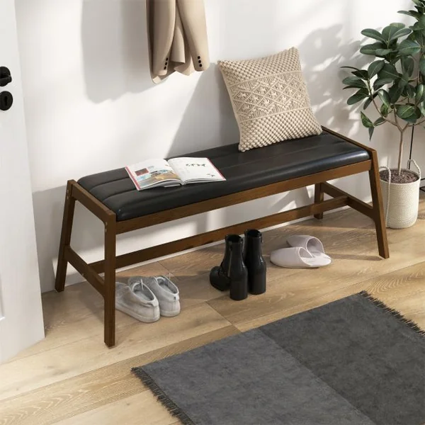 Banc de Salle à Manger en Bois Massif 127 cm Banc de Table Rembourré Banc avec Siège Rembourré en Simili Cuir Cadre en Bois d'Hévéa Noyer + Noir