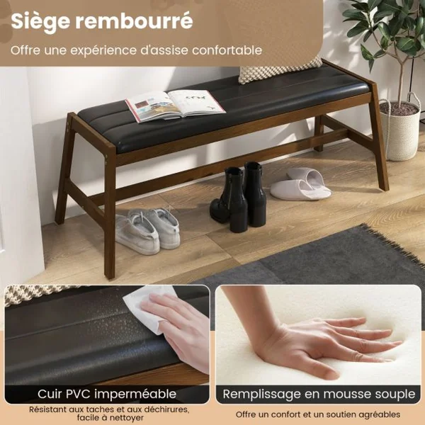 Banc de Salle à Manger en Bois Massif 127 cm Banc de Table Rembourré Banc avec Siège Rembourré en Simili Cuir Cadre en Bois d'Hévéa Noyer + Noir
