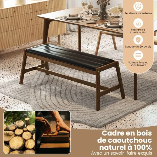 Banc de Salle à Manger en Bois Massif 127 cm Banc de Table Rembourré Banc avec Siège Rembourré en Simili Cuir Cadre en Bois d'Hévéa Noyer + Noir