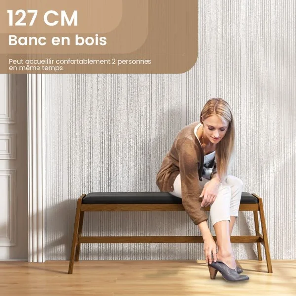 Banc de Salle à Manger en Bois Massif 127 cm Banc de Table Rembourré Banc avec Siège Rembourré en Simili Cuir Cadre en Bois d'Hévéa Noyer + Noir