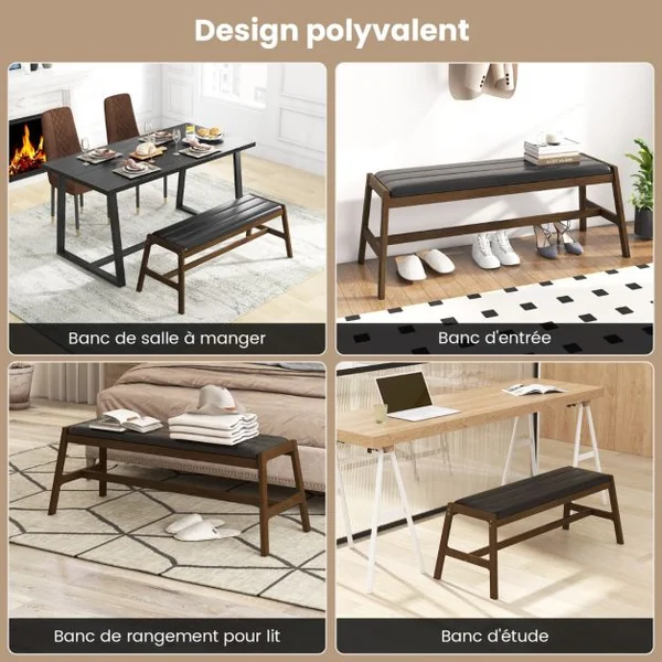Banc de Salle à Manger en Bois Massif 127 cm Banc de Table Rembourré Banc avec Siège Rembourré en Simili Cuir Cadre en Bois d'Hévéa Noyer + Noir