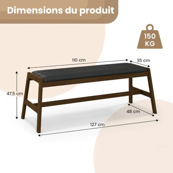 Banc de Salle à Manger en Bois Massif 127 cm Banc de Table Rembourré Banc avec Siège Rembourré en Simili Cuir Cadre en Bois d'Hévéa Noyer + Noir
