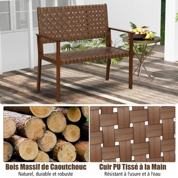 Banc de Terrasse 2 Places Causeuse d'Extérieur Toutes Saisons Cadre en Bois d'Hévéa Massif pour Cour Jardin Bord de Piscine Naturel