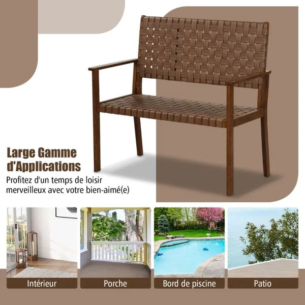 Banc de Terrasse 2 Places Causeuse d'Extérieur Toutes Saisons Cadre en Bois d'Hévéa Massif pour Cour Jardin Bord de Piscine Naturel