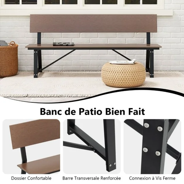 Banc de Terrasse 4 Places Banc Extra Long de 183 cm avec Siège et Dossier en HDPE Toutes Saisons Capacité 500 kg Marron