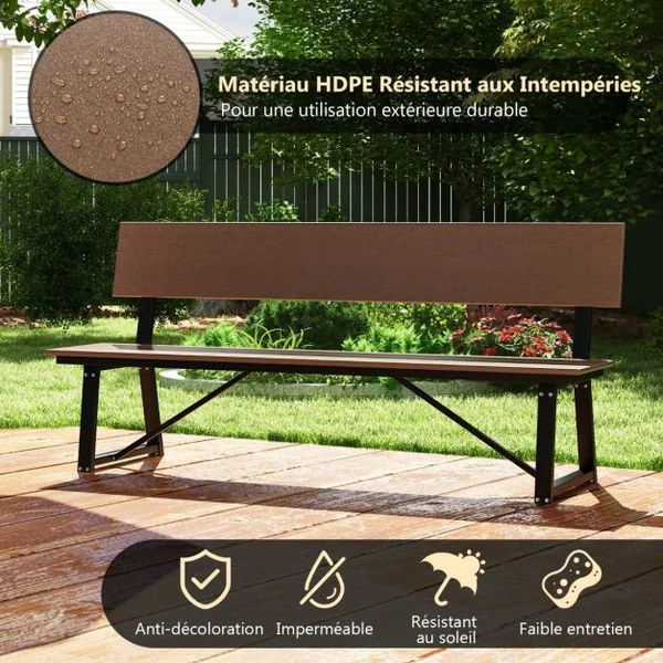 Banc de Terrasse 4 Places Banc Extra Long de 183 cm avec Siège et Dossier en HDPE Toutes Saisons Capacité 500 kg Marron