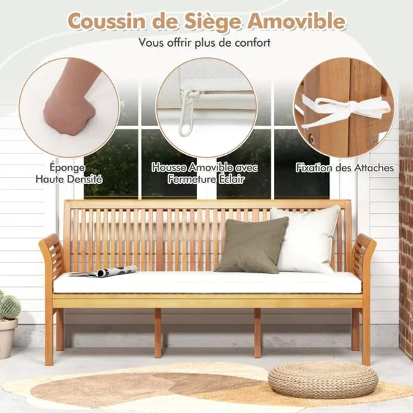 Banc de Terrasse en Bois 3 Places Banc en Acacia de 159 cm de Long avec Coussins d'Assise Doux Dossier et Accoudoirs Ergonomiques Blanc