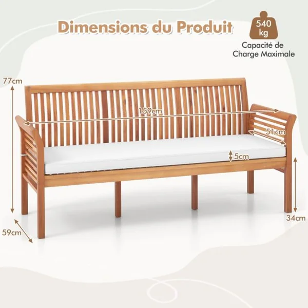 Banc de Terrasse en Bois 3 Places Banc en Acacia de 159 cm de Long avec Coussins d'Assise Doux Dossier et Accoudoirs Ergonomiques Blanc