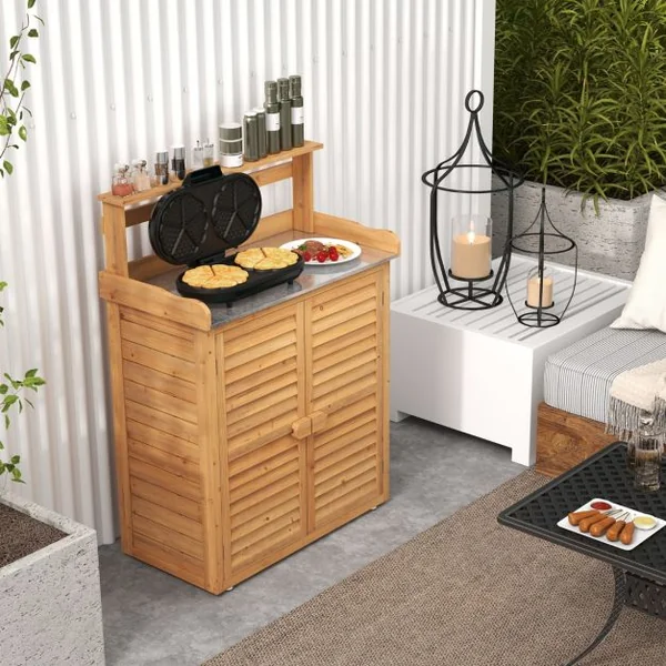 Banc d'Empotage d'Extérieur Table de Jardinage avec Comptoir en Métal Galvanisé 3 Crochets de Suspension Etagères Amovibles Naturel