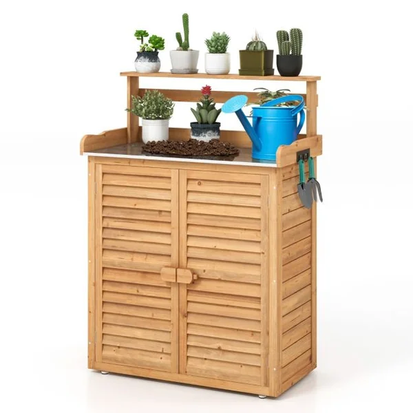 Banc d'Empotage d'Extérieur Table de Jardinage avec Comptoir en Métal Galvanisé 3 Crochets de Suspension Etagères Amovibles Naturel