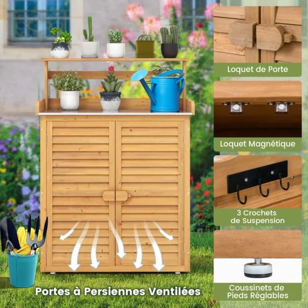 Banc d'Empotage d'Extérieur Table de Jardinage avec Comptoir en Métal Galvanisé 3 Crochets de Suspension Etagères Amovibles Naturel