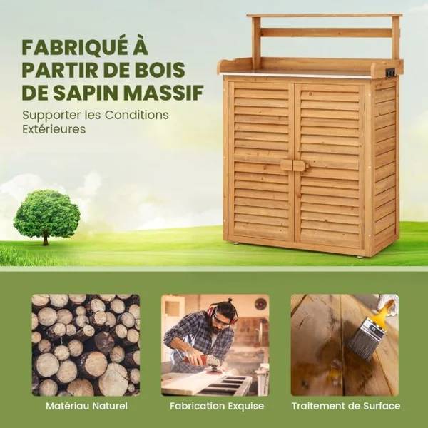 Banc d'Empotage d'Extérieur Table de Jardinage avec Comptoir en Métal Galvanisé 3 Crochets de Suspension Etagères Amovibles Naturel