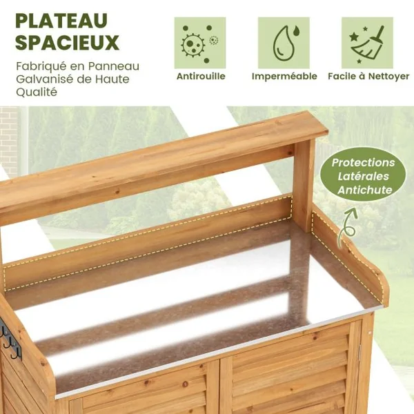 Banc d'Empotage d'Extérieur Table de Jardinage avec Comptoir en Métal Galvanisé 3 Crochets de Suspension Etagères Amovibles Naturel