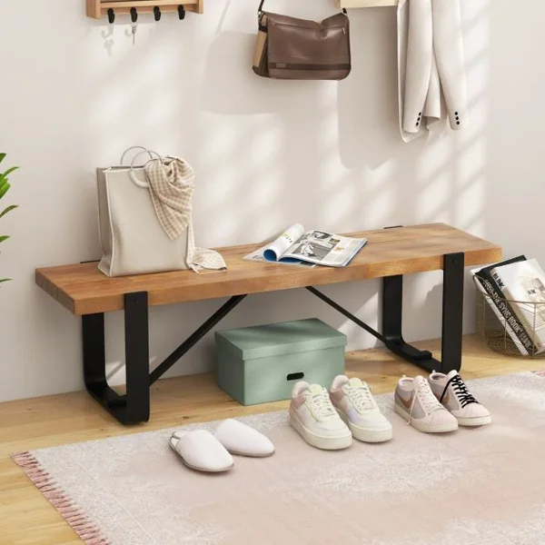 Banc d'Entrée de 152,5 CM de Long avec Structure Métallique Rangement à Chaussures Rustique en Bois Capacité de Charge 300 KG Naturel