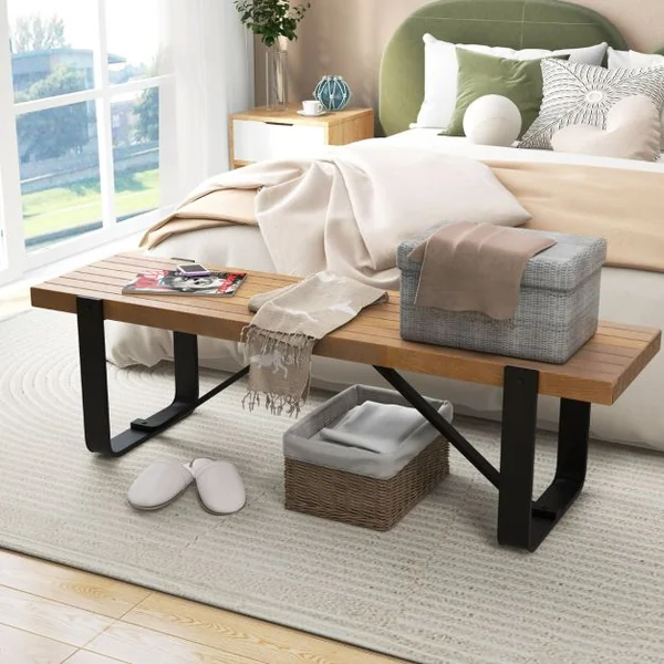 Banc d'Entrée de 152,5 CM de Long avec Structure Métallique Rangement à Chaussures Rustique en Bois Capacité de Charge 300 KG Naturel