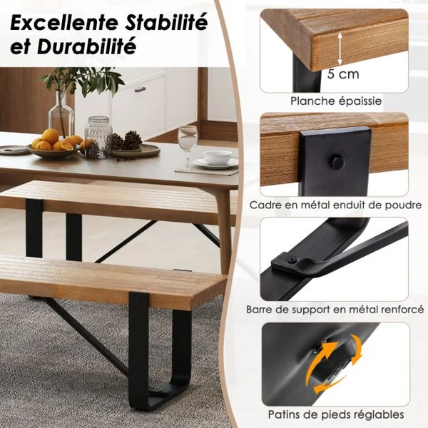 Banc d'Entrée de 152,5 CM de Long avec Structure Métallique Rangement à Chaussures Rustique en Bois Capacité de Charge 300 KG Naturel