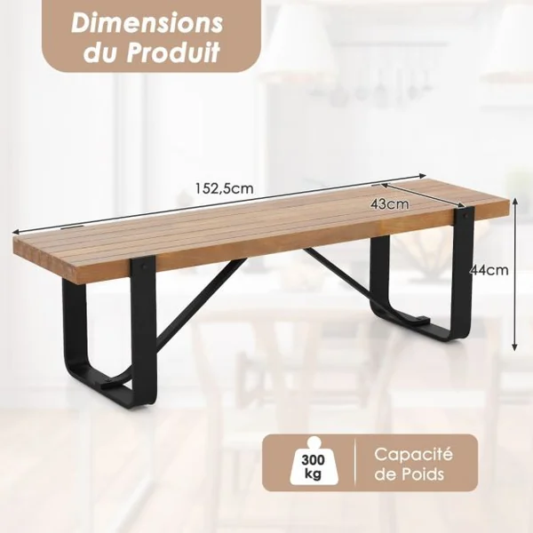 Banc d'Entrée de 152,5 CM de Long avec Structure Métallique Rangement à Chaussures Rustique en Bois Capacité de Charge 300 KG Naturel