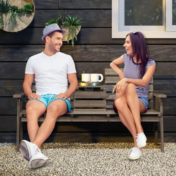 Banc d'Extérieur en Bois de Sapin avec Table Centrale Pliable Banc de Jardin pour 2-3 Personnes avec Dossier et Accoudoirs Capacité de 320 kg Café