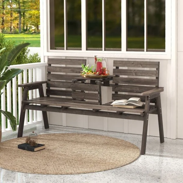 Banc d'Extérieur en Bois de Sapin avec Table Centrale Pliable Banc de Jardin pour 2-3 Personnes avec Dossier et Accoudoirs Capacité de 320 kg Café
