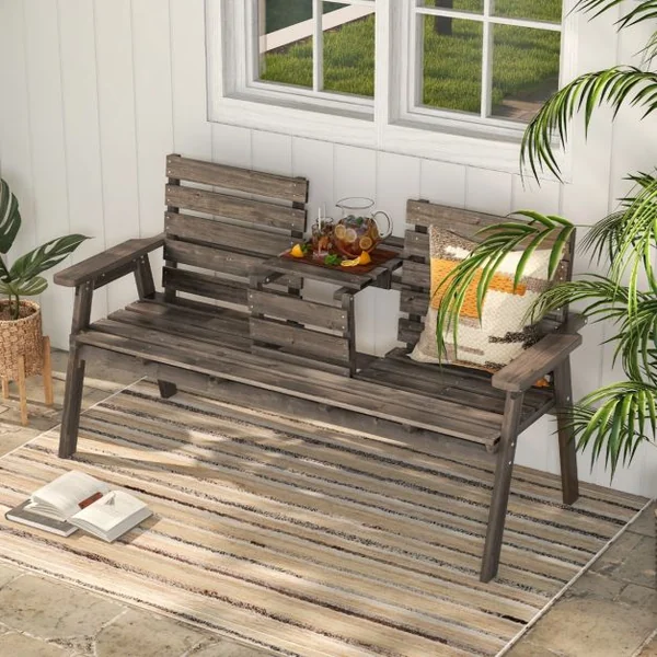 Banc d'Extérieur en Bois de Sapin avec Table Centrale Pliable Banc de Jardin pour 2-3 Personnes avec Dossier et Accoudoirs Capacité de 320 kg Café