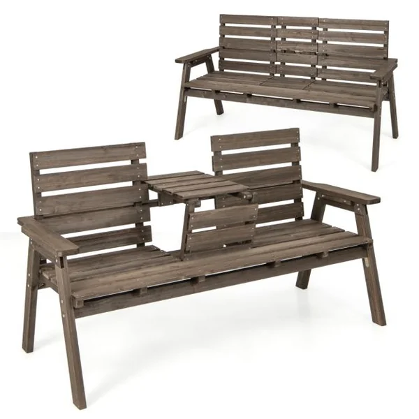 Banc d'Extérieur en Bois de Sapin avec Table Centrale Pliable Banc de Jardin pour 2-3 Personnes avec Dossier et Accoudoirs Capacité de 320 kg Café