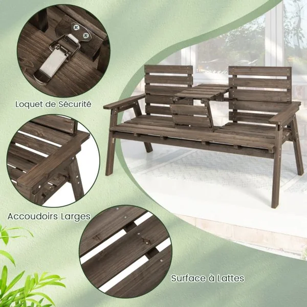Banc d'Extérieur en Bois de Sapin avec Table Centrale Pliable Banc de Jardin pour 2-3 Personnes avec Dossier et Accoudoirs Capacité de 320 kg Café