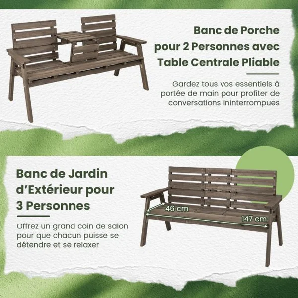 Banc d'Extérieur en Bois de Sapin avec Table Centrale Pliable Banc de Jardin pour 2-3 Personnes avec Dossier et Accoudoirs Capacité de 320 kg Café