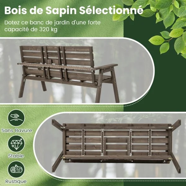 Banc d'Extérieur en Bois de Sapin avec Table Centrale Pliable Banc de Jardin pour 2-3 Personnes avec Dossier et Accoudoirs Capacité de 320 kg Café